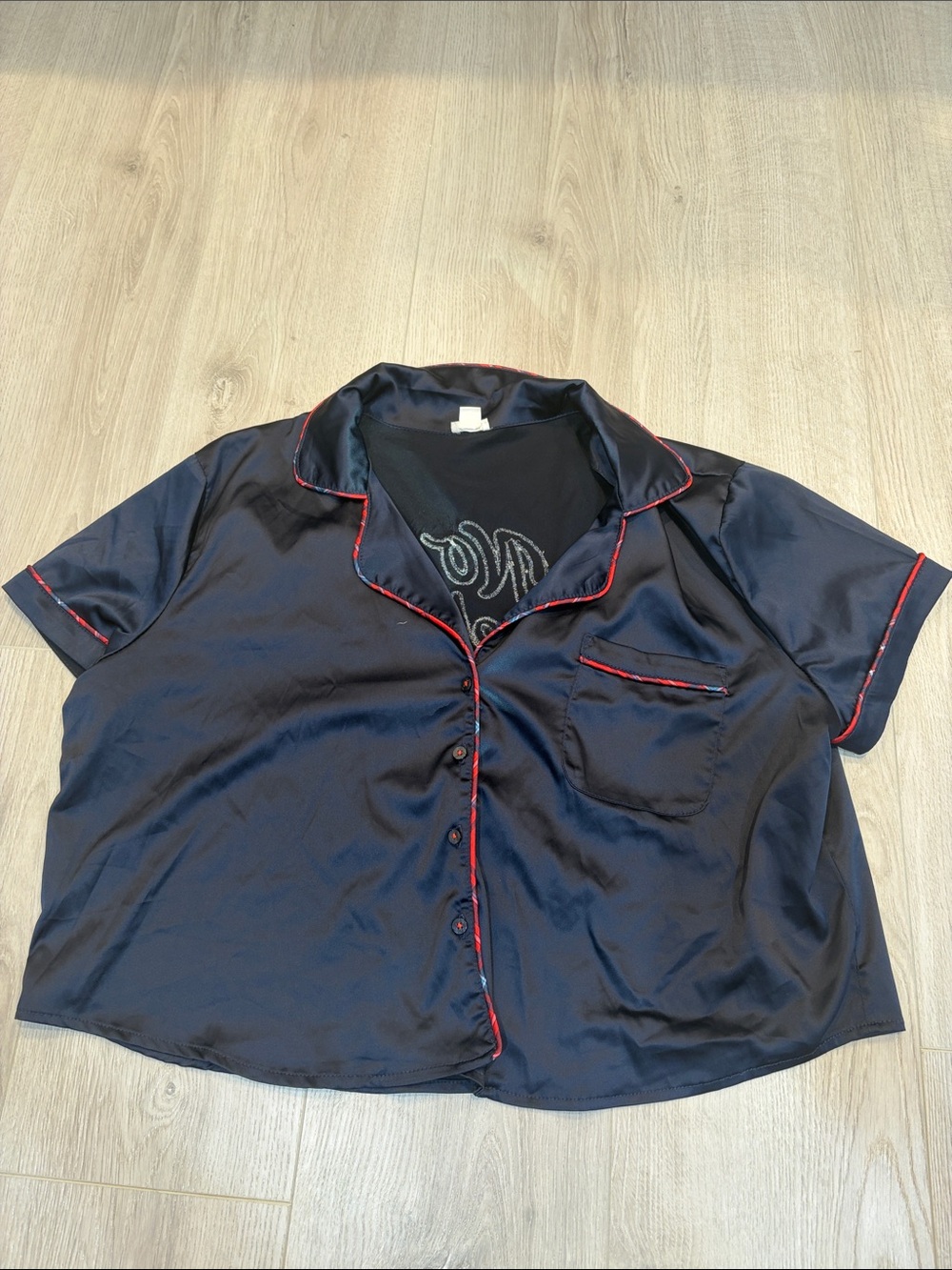 Garage Navy Satin Short Sleeve Pajama Top with Red Trim